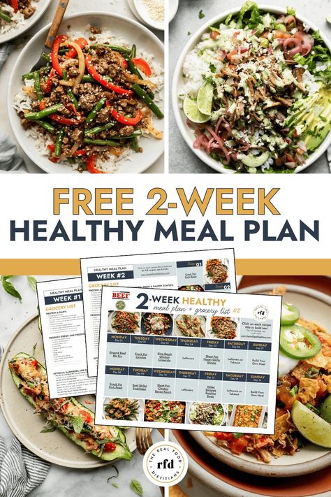 This 2-Week Healthy Meal Plan #8 is FREE for everyone and includes a done-for-you Grocery List and everything you need to have two weeks of healthy, fresh, high-protein dinners ready to go! Weeks Worth Of Healthy Meals, Free Healthy Meal Plans, Meal Plan With Grocery List, Protein Dinners, Meal Prep Menu, Dietitian Recipes, Healthy Eating Meal Plan, Healthy Meal Plan, Delicious Meal Prep