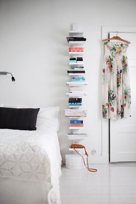 Small Space Ideas: Where to Store Books | Apartment Therapy Nightstand Alternative, Vertical Bookshelf, Decor Studio, Small Bedroom Decor, Studio Apartment Decorating, Bedroom Decoration, Book Shelf, Minimalist Bedroom, Design Case