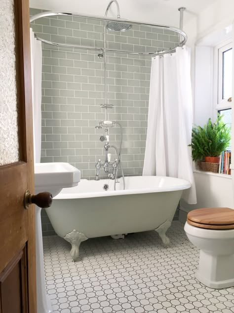 Bathroom design Freestand Tub Shower Combo, Shower Over Clawfoot Bath, Claw Tub With Shower Head, Shower Curtain Freestanding Tub, Black Window In Bathroom, Freestanding Tub Shower Curtain, Vintage Tub Shower Combo, Clawfoot Tub With Shower Head, Clawtub Bathroom