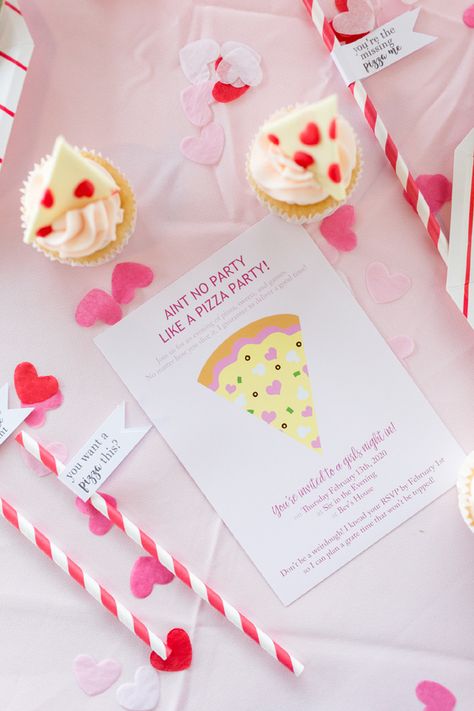 Galentine's Day Pizza Party Invitation Barbie Pizza Party, Girly Pizza Party, Pink Pizza Party, Valentines Pizza Party, Pizza Party Invite, Clever Valentines, Valentines Day Pizza, Pizza Business, Pizza Birthday Party