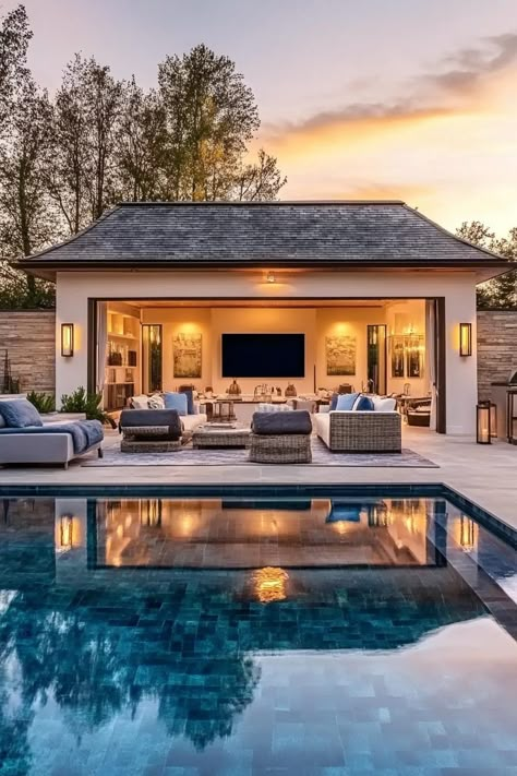 Backyard Pool With Pool House, Backyard Pool Pavilion, Small Backyard Pool And Spa Ideas, Best Backyard Pool Designs, Large Pool House Ideas, Outdoor Pool House With Bathroom, Cabana Poolside Pool Houses, French Country Pool Outdoor Living, Pool House With Sliding Glass Doors