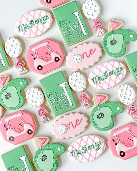 Let’s Par Tee, Girl Golf Birthday Party, Lets Par Tee, Golf Cookies, Golf Baby Showers, Golf First Birthday, Baby Birthday Party Theme, First Birthday Cookies, Golf Baby