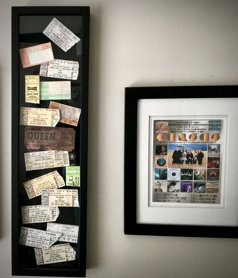 Shadow box for tickets of concerts I've attended over the years. Off Set on layers of foam core to give it depth and distinction between them Ticket Keepsake Ideas, Shadow Box Tickets, Concert Ticket Shadow Box Display, Concert Ticket Wall Decor, Display Concert Tickets, Framed Concert Tickets, Memory Display Ideas, Concert Ticket Display Ideas, Concert Memories Ideas