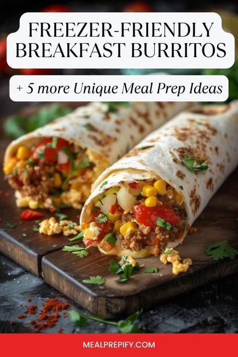 Two freezer-friendly breakfast burritos filled with eggs, vegetables, and ground beef for meal prep ideas for busy professionals. Breakfast Burritos Meal Prep, Breakfast Freezer Meals, Freezer Meal Prep Recipes, Freezable Breakfast, Make Ahead Breakfast Burritos, Overnight Chia Pudding, Freezer Breakfast Burritos, Meals For Breakfast, Freezable Meals