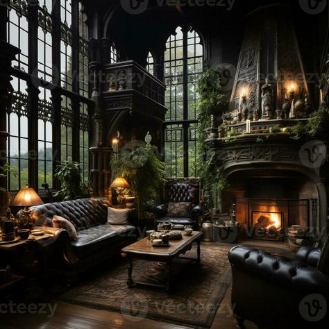 Interior Design, Beautiful Living room Gothic Style, Luxury Mansion, Elegant tall window, AI Generative Gothic Cottage Living Room, Gothic Style Living Room, Gothic Atrium, Victorian Manor Interior, Esme Aesthetic, Gothic Interior Design Victorian, Victorian Mansion Aesthetic, Gothic Conservatory, Gothic Mansion Interior