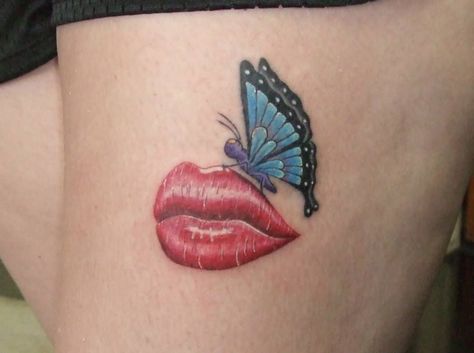 My first tattoo. My Father & I always sang "Butterfly Kisses" by Bob Carlisle to each other. He passed away on July 4th when I was 17. #memorialtattoo #tattoo #inkedgirls Butterfly Kisses Tattoo, Kisses Tattoo, Kiss Tattoo, Purple Butterfly Tattoo, Middle Finger Tattoos, Butterfly Tattoos Images, Kiss Tattoos, About Butterfly, Famous Tattoos