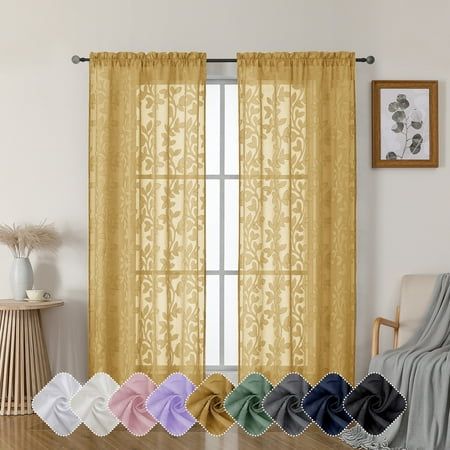 Our Darla gold sheer curtains feature high-density yarn construction, backed by OEKO-Tex 100 certification for unparalleled safety and environmental friendliness. These lightweight yet durable drapes resist wrinkles, maintaining their pristine appearance effortlessly, while enhancing the aesthetic appeal of any room. Perfect for creating a serene and stylish ambiance in your home. Size: 2" x 42" x 72". Long Living Room, Window Treatments Bedroom, Gold Curtains, Voile Curtains, Sheer Curtain Panels, Drape Panel, Curtain Texture, How To Make Curtains, Rod Pocket Curtains