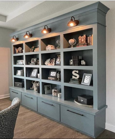 Built In Bookcase Wall, Bookshelves With Drawers, Basement Library, Cabin Library, Bedroom Bookcase, Built In Wall Units, Bookcase With Drawers, Large Bookshelves, Built In Shelves Living Room