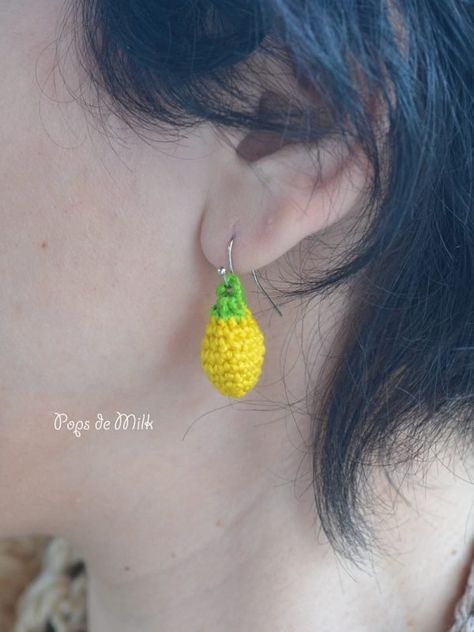 Crochet Lemons, Lemon Jewelry, Nerdy Crochet Patterns, Embroidery Floss Storage, Crochet Lemon, Nerdy Crochet, Lemon Earrings, Jewelry Dishes, Crocheted Jewelry