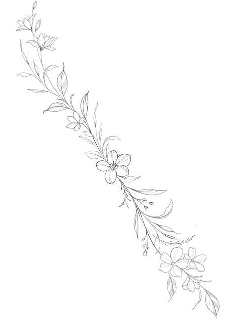 Floral Vine Wrap Around Tattoo, Long Floral Tattoo, Simple Flower Vine Tattoo, Jasmine Flower Vine Tattoo, Flower Vine Tattoo Arm Sleeve Stencil, Delicate Flower Vine Tattoo, Flower Vine Drawing, Flower Vine Arm Wrap Tattoo, Flower Vine Tattoo Stencil