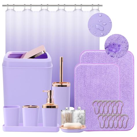 PRICES MAY VARY. Plastic 🛁【Bathroom Accessories Sets Complete】You'll get everything you need for your bathroom! This includes a soap dispenser, soap dish, toothbrush holder, toothbrush cup, toilet brush with holder, trash can, tray, 2 qtip holder dispensers, ombré shower curtain with 12 stainless steel hooks and 2 super absorbent bathroom rug. 🛁【Ombre Shower Curtain Design】Introducing our amazing purple ombre shower curtain with 12 stainless steel hooks! Made from 100% polyester fabric, eco-fr Light Purple Bathroom Ideas Decor, Wisteria Bathroom Decor, Purple Gold Bathroom, Purple Soap Dispenser, Purple Theme Bathroom, Light Purple Bathroom Ideas, Purple Bathroom Ideas Decor, Slay Bedroom, Purple Apartment Decor