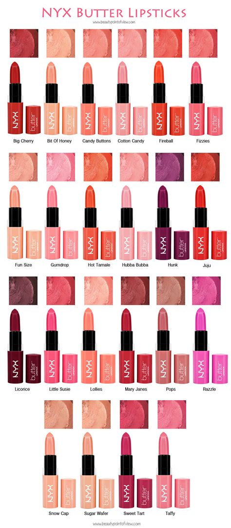 NYX Butter Lipsticks - Beauty Point Of View Nyx Butter Lipstick, Nyx Butter, Nyx Lipstick, Smink Inspiration, Nyx Makeup, Can't Stop Won't Stop, Lipstick Collection, Beauty Lipstick, Makeup Swatches