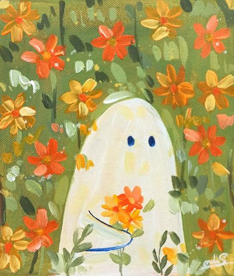 Ghost Oil Pastel, Cute Ghost Watercolor, Ghost Flower Drawing, Fall Flowers Painting Acrylic, Ghost With Flowers, Ghost Flowers, Things Paint, Green People, Artists Music