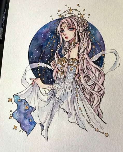 Fantasy Ladies Watercolor Art Margaret Morales, Celestial Princess, Crown Drawing, Sailor Scout, Watercolor Fashion, Witch Art, Goddess Art, Arte Fantasy, Watercolor Artist