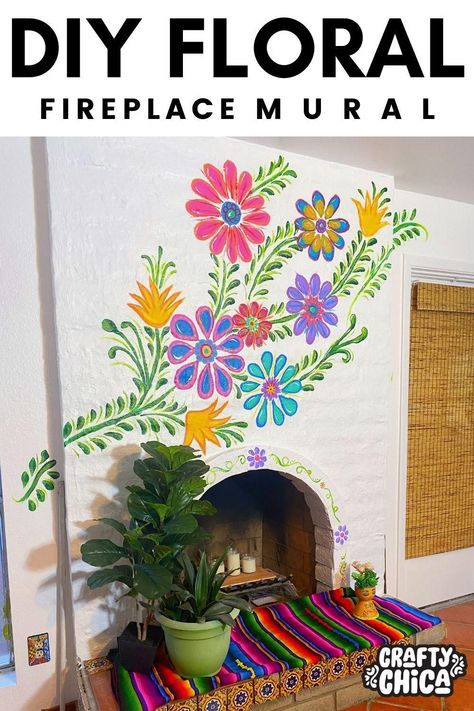 DIY Mural - Mexican Embroidery Style by Kathy Cano-Murillo, The Crafty Chica. Yes, you can paint a beautiful mural on your wall. Painting Mexican Flowers, Simple Mexican Paintings, Mexican Flower Mural, Mexican Folk Art Wallpaper, How To Paint Mexican Flowers, Mexican Floral Art, Bedroom Murals Painted Diy, Mexican Room Aesthetic, Diy Mexican Embroidery