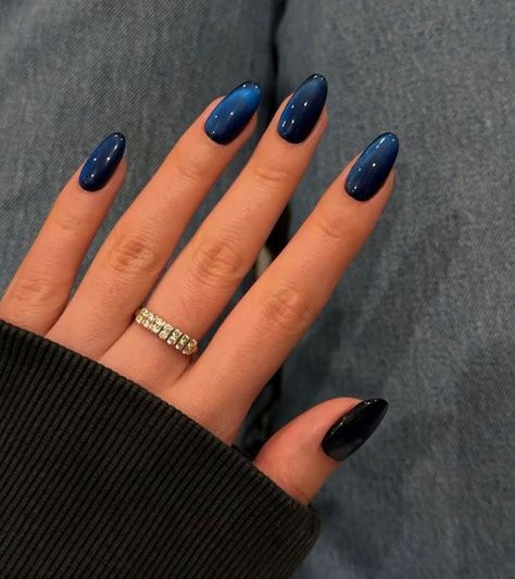 Midnight Blue Manicure, Sapphire Blue Nail, December Nail Ideas Almond Shape, Navy Blue Inspired Nails, Nails For December 2024, Prussian Blue Nails, Gel X Cat Eye Nails, Navy Blue Cateye Nail, Magnetic Blue Nails