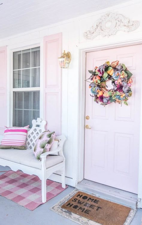 White And Pink Exterior House, Exterior Pink House, White House With Pink Shutters, Pink Shutters White House, Shabby Chic Exterior House, Pink Siding House, Pink Window Trim, Colorful Home Exterior Paint, Shotgun House Interior Design