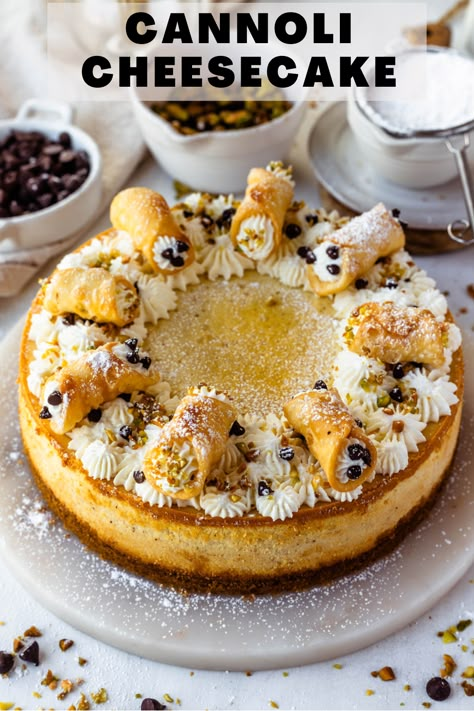 Cannoli Cheesecake features a graham cracker crust, it tastes just like cannoli filling, and it’s topped with a delicious Ricotta Whipped Cream. Cake And Cheesecake Together, Italian Cream Cake Cheesecake, Spring Cheesecake Recipes, Spumoni Cheesecake, No Bake Cannoli Cheesecake, Cheesecake Recipes For Thanksgiving, Cannoli Dessert Ideas, Canolli Cheesecake Recipes, Speciality Cheesecakes