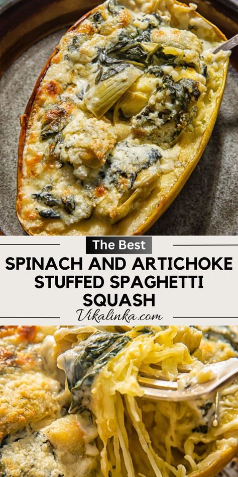 Sweet spaghetti squash stuffed with deliciously savoury spinach and artichoke filling. A spectacular way to make this seasonal vegetable. Stripetti Squash Recipes, Meals With Artichoke, Spaghetti Squash Spaghetti, Spaghetti Squash Recipes Vegetarian, Stuffed Spaghetti Squash, Stuffed Squash Recipes, Spaghetti Squash Recipe, Spaghetti Squash Mushroom Recipes, Vegetarian Spaghetti Squash Recipes