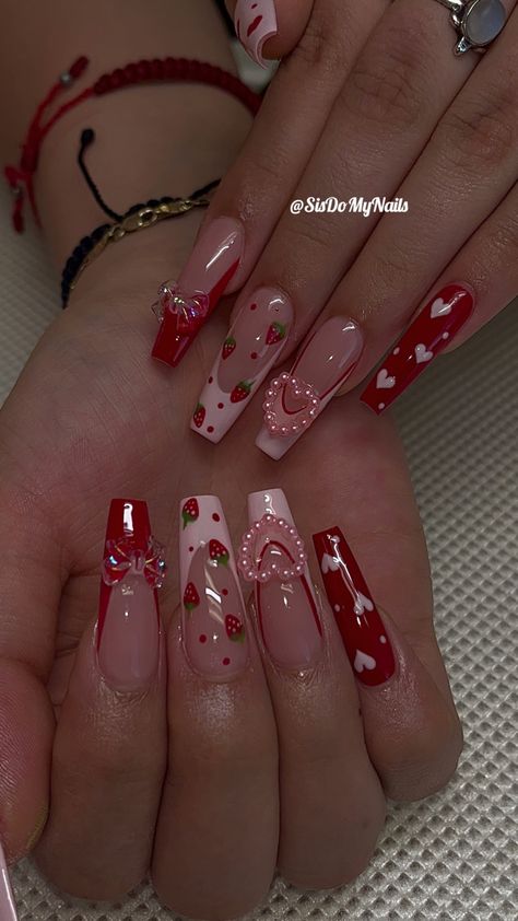 Strawberry Shortcake Nails Acrylic, Nail Designs Colorful, Strawberry Shortcake Nails, Girly Acrylic Nails, Cute Acrylic Nail Designs, Classy Acrylic Nails, Pretty Gel Nails, Really Cute Nails, Unique Acrylic Nails