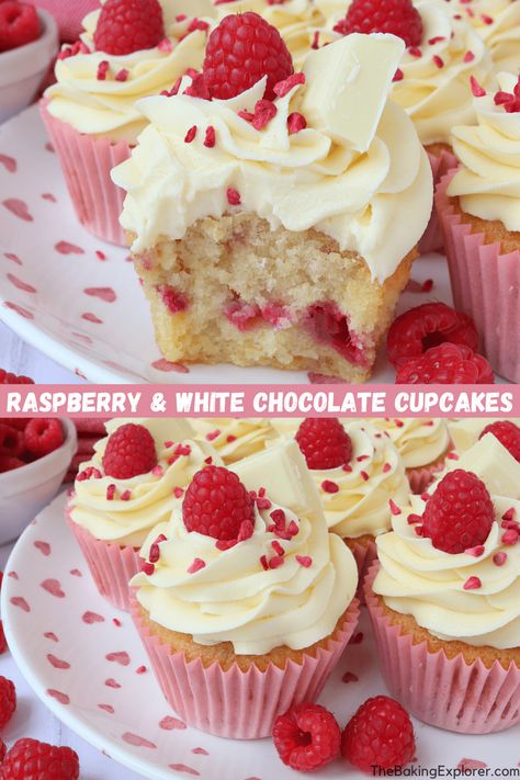 Recipe for Raspberry & White Chocolate Cupcakes made with fresh raspberries and topped with white chocolate buttercream #thebakingexplorer #cupcakerecipe #raspberrycupcakes #whitechocolatebuttercream #cupcakes White Raspberry Cupcakes, White Chocolate Raspberry Cupcakes, Raspberry And White Chocolate Cupcakes, Cupcakes Raspberry, Stuffed Cupcakes, Raspberry And White Chocolate, Chocolate Raspberry Cupcakes, Cupcake Toppings, School Cupcakes