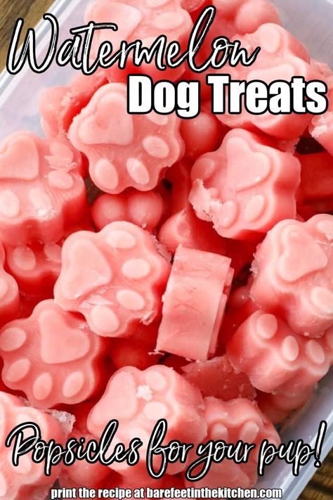 Watermelon Dog Treat Popsicles Watermelon Dog Treats, Leftover Watermelon, Dog Watermelon, Dog Popsicles, Dog Ice Cream Recipe, Dog Cookie Recipes, Watermelon Dog, Pet Recipes, Dogs Treats