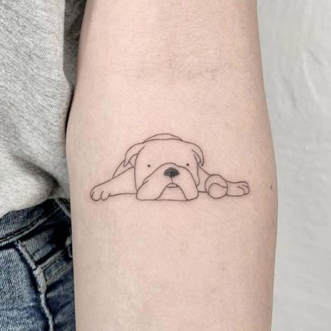 minimal english bulldog line tattoo Tiny Bulldog Tattoo, Cute Bulldog Tattoo, Minimalist Bulldog Tattoo, English Bulldog Tattoo Minimalist, Bulldog Fine Line Tattoo, Bulldog Line Tattoo, Bulldog Silhouette Tattoo, English Bulldog Tattoo Ideas, Fine Line English Bulldog Tattoo