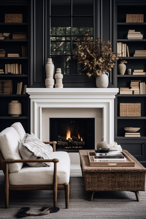 White Fireplace With Black Built Ins, Fireplace Wall Molding, Monochrome Living Room Ideas, Modern Vintage Living Room Ideas, White Living Room Colors, Living Room Library Ideas, Decor Fireplace Ideas, White Living Room Decor Ideas, Black And White Living Room Ideas