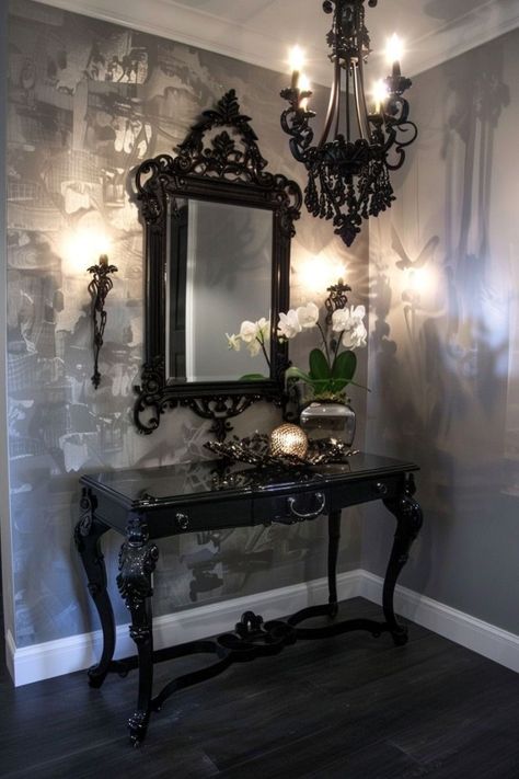 Entryway Table Decor Ideas, Gothic Decor Bedroom, Entry Way Table, Gothic Interior, Entry Table Decor, Victorian Home Decor, Entryway Table Decor, Table Decor Ideas, Dark Home Decor