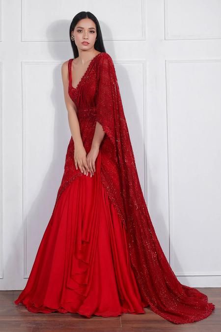 Draped Lehenga, Ritika Mirchandani, Drape Lehenga, Lehenga Sari, Net Embroidery, Indian Fashion Saree, Saree Designs Party Wear, Red Lehenga, Indian Dresses Traditional