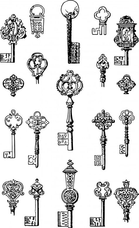 Vintage Keys – Free Vector & Clip Art Alchemy Tattoo, طابع بريدي, Old Keys, Images Vintage, Clip Art Vintage, Vintage Keys, Digital Scrapbook Paper, Old Book, Vintage Printables