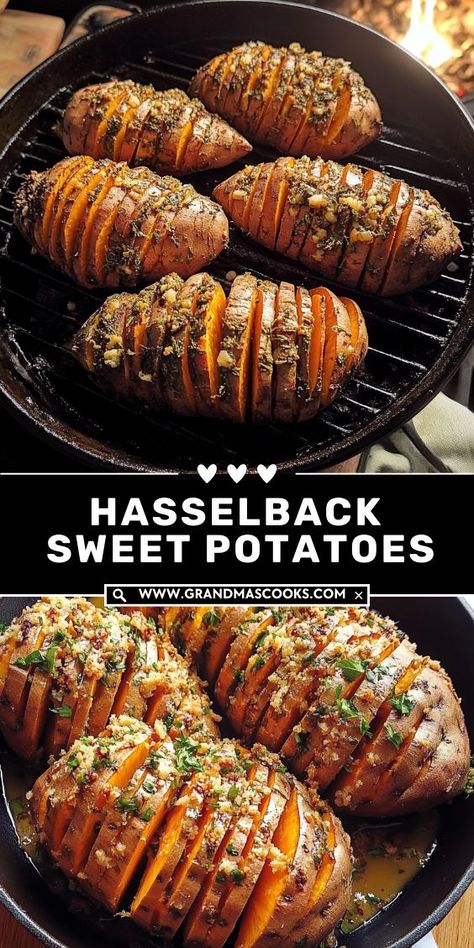 With a unique, crispy look and delicious flavor, these Hasselback sweet potatoes make a gorgeous addition to your dinner table. Simple and flavorful! Hasselback Sweet Potato, Hassleback Sweet Potatoes, Christmas Dinner Sides, Hasselback Sweet Potatoes, Creamy Pie, Hasselback Potatoes, Date Night Recipes, Gluten Free Potatoes, Tamarind Chutney