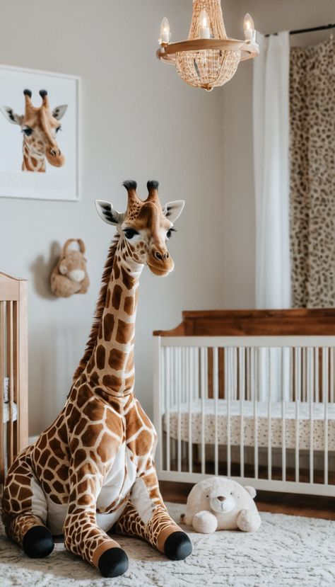 Baby nursery neutral animals - a big Giraffe stuffed animal near the crib and some giraffe wall art Vintage Safari Nursery, Safari Animal Wallpaper, Safari Baby Nursery, Boho Safari Nursery, Giraffe Nursery Theme, Neutral Safari Nursery, Safari Nursery Girl, Safari Baby Room, Neutral Nursery Ideas