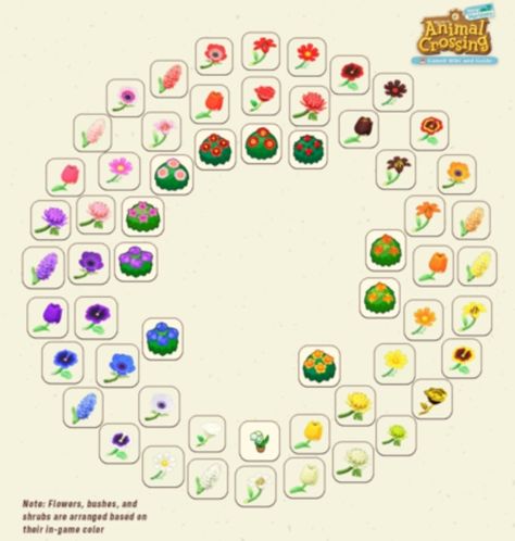 All colors of flowers and bushes in Animal Crossing New Horizons ACNH Animal Crossing Color Scheme, Animal Crossing Bushes Ideas, Acnh Flower Gradient, Acnh Bush Design, Acnh Garden Border Design, Bushes Animal Crossing, Animal Crossing Flower Layout, Acnh Flower Colors, Acnh Flower Themes