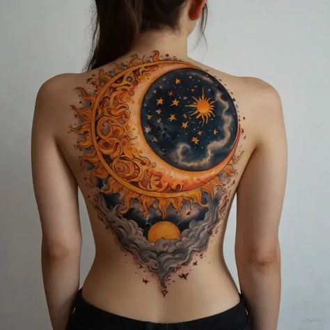 Sun and Moon Tattoos: Meaning, Significance & 120+ Designs - HBTat2 Moon Tattoo Meaning, Dark Masculine, Sun And Moon Tattoos, Dark Feminine Tattoos, Blue Ink Tattoos, Masculine And Feminine Energy, Celestial Tattoo, Tattoos Meaning, Moon Tattoos