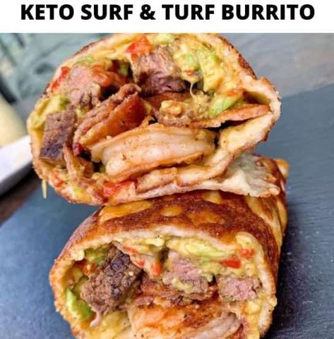 KETO SURF & TURF BURRITO - Keto Recipes Surf And Turf Burrito Recipe, Bacon Burrito, Shrimp Burrito, Mini Sliders, Steak And Shrimp, Surf Turf, Burritos Recipe, Surf And Turf, How To Cook Steak