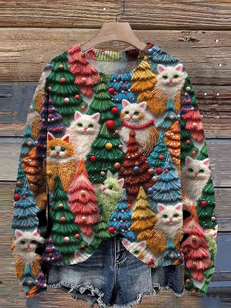 Christmas Cat Christmas Sweater, Diy Cat, Cat Christmas, Vintage Winter, Cats Meow, Knit Pullover, Knitted Pullover Sweaters, Green Sweater, Cat Print