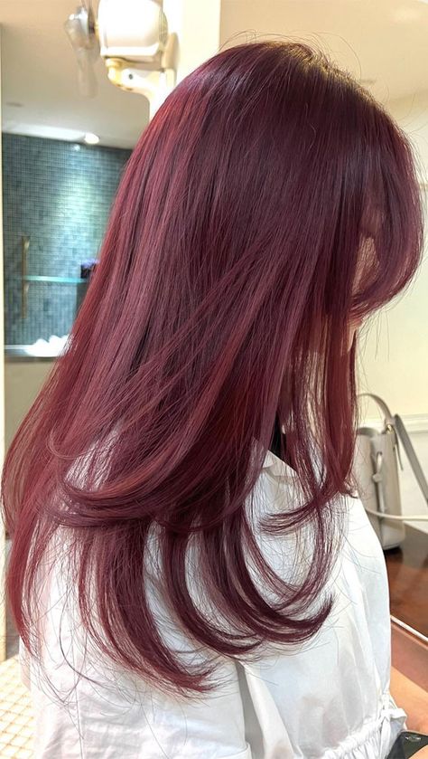 Best Hair Colour For Brown Hair, Wine Cherry Red Hair, Cute Hair Colours For Brown Hair, Red Hair Colours Ideas, Hair Colour Red Wine, Cherry Wine Hair Color Balayage, Maroon Color Hair, Red Auburn Hair Color Burgundy, Hair Colour Fair Skin