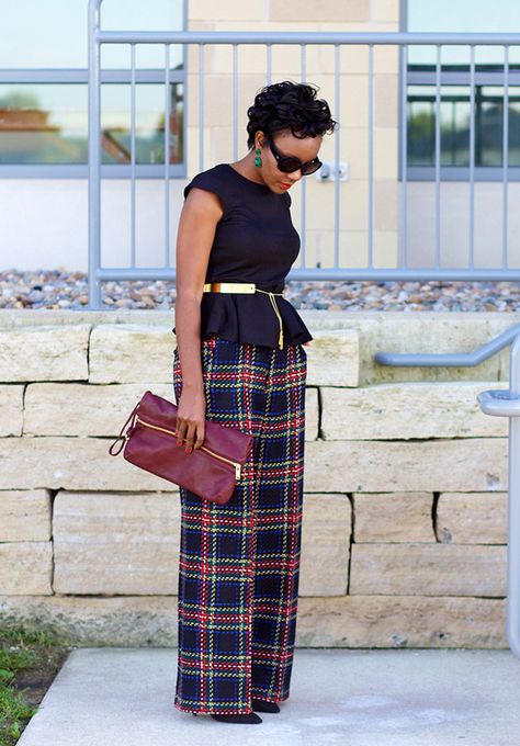 Peplum Top Wide Leg Pants, Burgundy Handbag, Talbots Fashion, Plaid Pants Outfit, Tartan Fashion, Wide Leg Pants Outfit, Black Tartan, Burgundy Outfit, Plaid Outfits