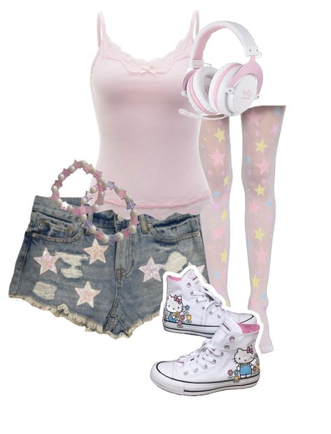 pink, outfit, outfit idea, inspiration, cute, hello kitty Cutecore Outfit Layout, Hachi Outfits, Cutecore Outfit, Outfits Layout, Kawaii Outfit Ideas, Art Outfit, Space Outfit, Outfit Layout, Funky Outfits