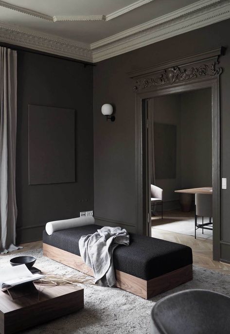 Eight alternatives to grey and white for fans of neutral decor | These Four Walls Daybed Design, Italy Destinations, Dark Walls, Paint Brands, Interior Wall Design, Neutral Walls, New Works, Dark Interiors, Minimalist Interior Design