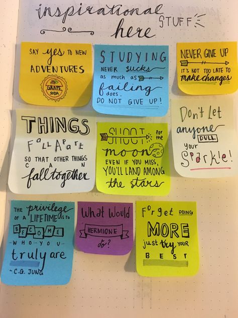 diaryofastudent: “ “Some of the motivation/inspirational quotes that I can place around my bullet journal throughout the year. I’m pretty pleased with how all of them turned out. Was inspired by... Cute Things To Write On Sticky Notes, Sticky Notes Quotes Motivation, Note Jar, Kindness Notes, Sticky Notes Quotes, Notes Quotes, Motivational Notes, Farewell Cards, Motiverende Quotes