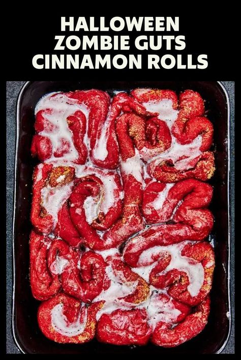 Make zombie guts cinnamon rolls for your Halloween breakfast and surprise everyone. Red velvet cake mix added to the yeast dough makes these vibrant, and tasty. Cinnamon Rolls Halloween Intestines, Halloween Intestines Cinnamon Rolls, Cinnamon Roll Brains Halloween, Cinnamon Roll Guts Halloween, Zombie Guts Cinnamon Rolls, Werewolf Party Food, Cinnamon Roll Intestines Halloween, Intestine Cinnamon Rolls, Guts Cinnamon Rolls