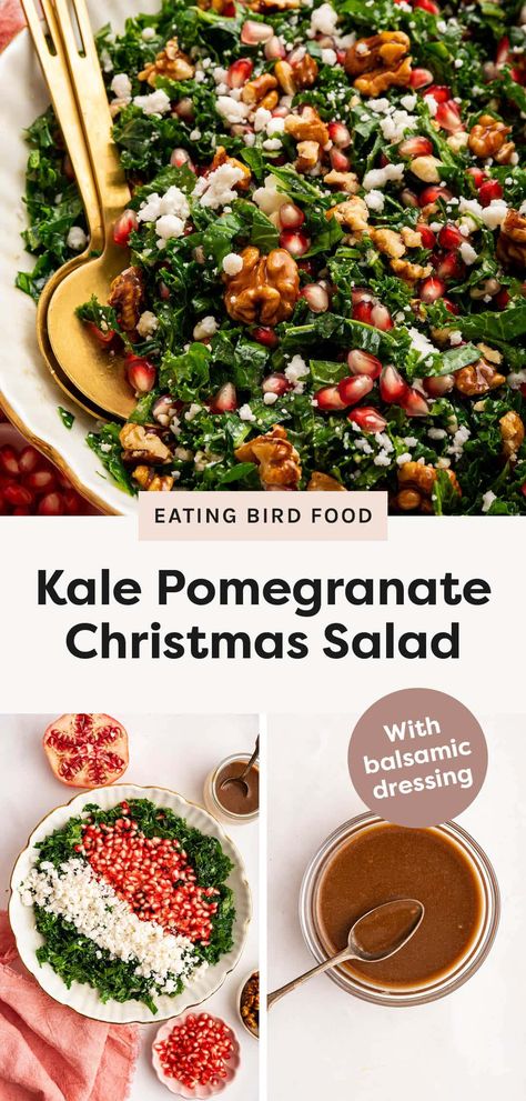 This kale pomegranate salad (aka Christmas Salad) is super easy to whip up and makes for a festive and healthy option for the holidays. Christmas Kale Salad Recipes, Kale Christmas Salad, Pomegranate Kale Salad, Watermelon Radish Salad, Pomegranate Recipes Salad, Aka Christmas, Christmas Hosting, Winter Salads, Christmas Salad Recipes