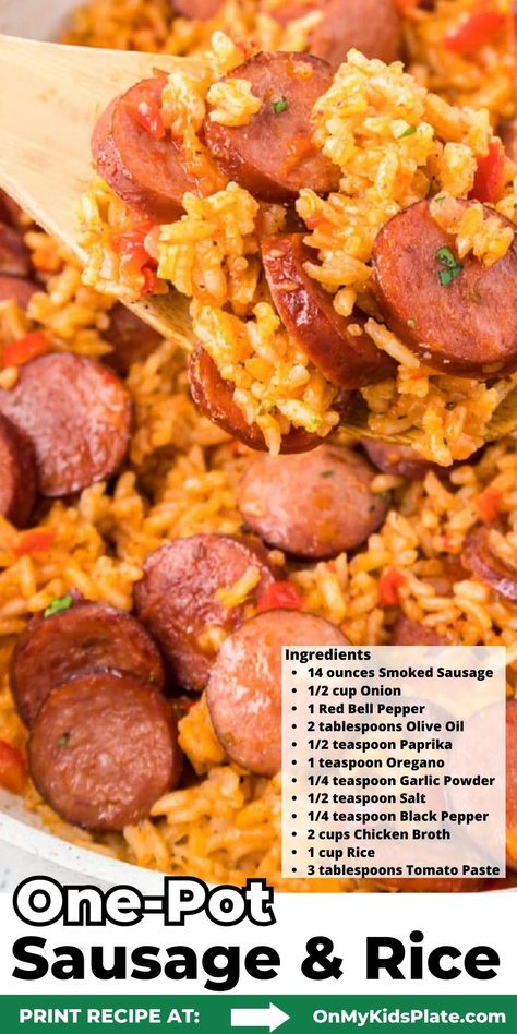 Smoked sausage and rice is an easy dinner that is made fast with your favorite sausage, peppers, rice, and seasonings! Cheesy Sausage And Rice Skillet, Sausage And Rice Bowl, Smoked Sausage Meals Dinners, Quick Easy Sausage Dinner, Cheap Sausage Dinners, Polo Sausage Recipes, Rice And Polish Sausage Recipes, Dinner Ideas Easy Sausage, Easy Tasty Food Recipes