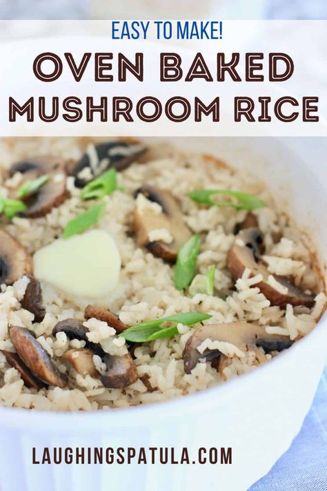 Easy Oven Baked Mushroom Rice!  All in one pan and in the oven it goes! Baked Mushroom Rice, Rice Dinners, Mushroom Rice Recipes, Rice Bake Recipes, Pumpkin Crockpot, Baked Pork Tenderloin, Baked Recipe, Baked Mushrooms, Mushroom Rice