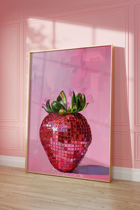 Disco Strawberry, Disco Fruit, Coquette Wall Art, Disco Ball Print, Art Disco, Girly Preppy, Retro Disco, Strawberry Print, Arte Inspo