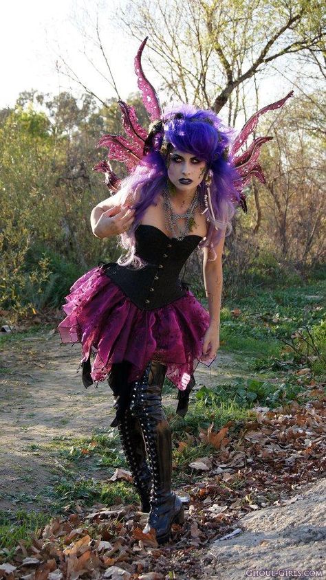 Wild Purple Fairy Purple Costumes Ideas, Purple Cosplay, Purple Mushroom Costume, Dark Fae Ren Faire, Purple Fairy Outfit, Gothic Fairy Costume, Purple Fairy Costume Dress, Black And Purple Fairy Costume, Goth Fairy Costume