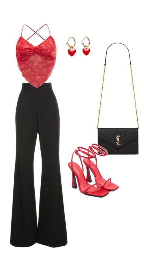 Black and red outfit, black pant, red top, red crop top, red cami top outfit, party outfit, night outfit, date outfit, red earrings, ysl bag, red heels , black pant with red top, heart earrings, classy outfit, aesthetic outfit, spaghetti top, bootcut pant, flare pants, bootcut pant outfit, flare pants outfit, black outfit, red outfit, minimalist outfit Outfit Dinner Night, Red Aesthetic Outfit, Party Outfit Aesthetic, Dinner Night Outfit, Red Cami Top, Red Top Outfit, Black N Red, Punk Style Outfits, Red Cami