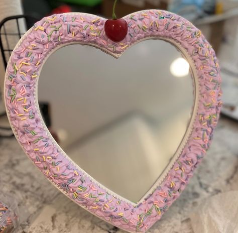 Fake cake heart mirror. Hand made and Decorated with purple decoden and colored sprinkles. Mirror can sit table top or hang on the wall. Candy Mirror, Decoden Mirror, Fake Cake Mirror, Heart Hand Mirror, Eclectic Boho Bedroom, Heart Mirror Shelf, Cake Mirror, Decoden Crafts, Diy Mirrors